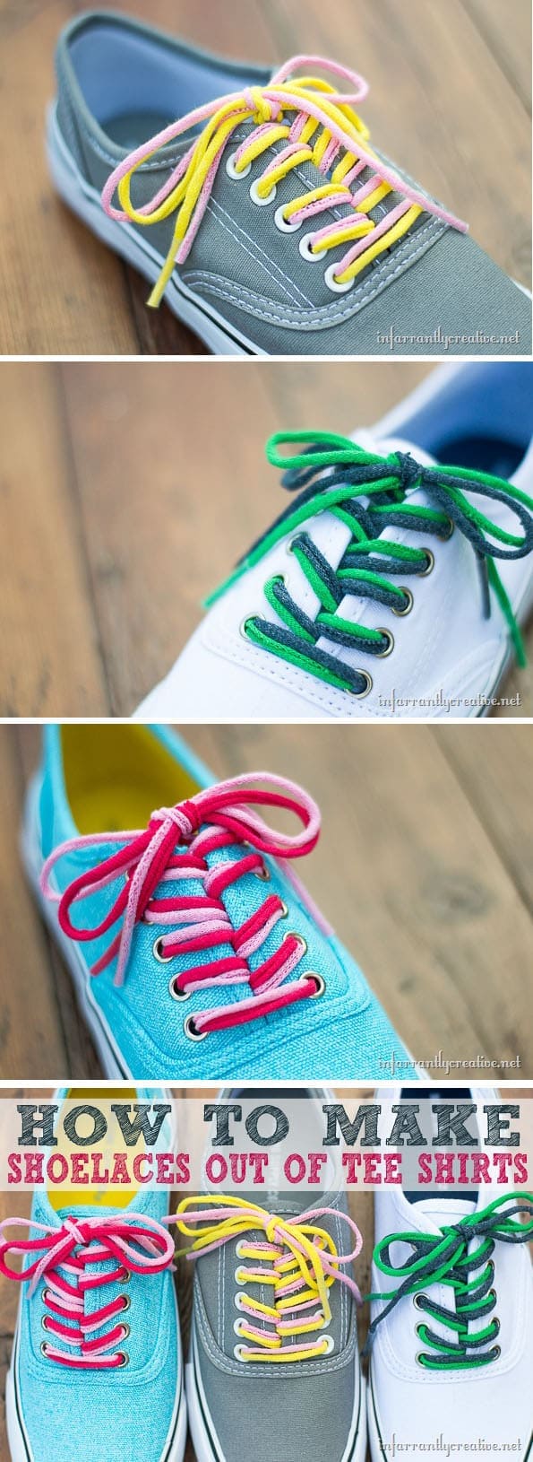 Learn to make shoelaces from t-shirt yarn at TidyMom.net This is especially fun to show off school colors or to coordinate your shoelaces with a certain outfit.