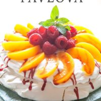 Peach Melba Pavlova on a tray