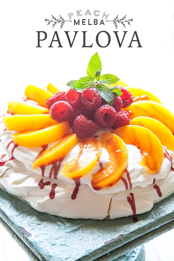 Easy Peach Melba Pavlova on a tray