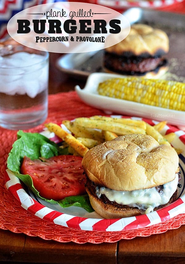 Plank Grilled Peppercorn and Provolone burgers. Recipe and video tutorial at TidyMom.net