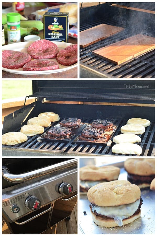 Learn how to Plank Grill Burgers! Plank grilling is becoming a favorite way to grill at our house! It's no longer just for fish! Find my recipe for Peppercorn and Provolone burgers along with everything you need to know about plank grilling. Recipe and video tutorial at TidyMom.net 