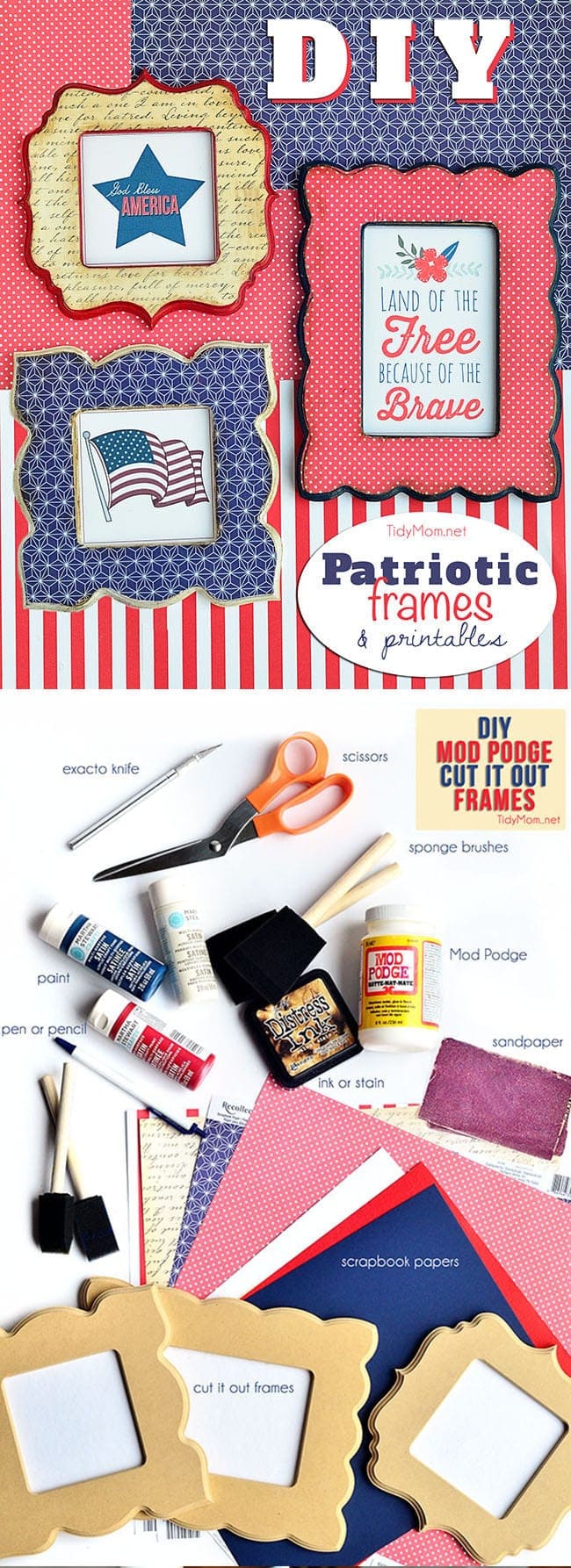 Make these fun patriotic frames with scrapbook paper, Mod Podge and unfinished wood frames. DIY Patriotic Frames Tutorial + FREE PATRIOTIC PRINTABLES to download at TidyMom.net
