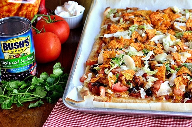 Black Bean & Chicken Taco Pizza recipe at TidyMom.net