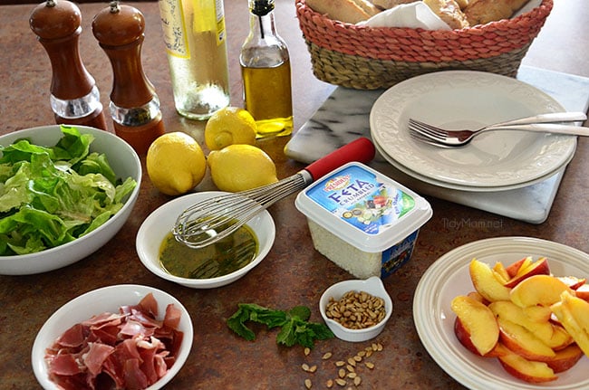 Feta, Peach & Prosciutto Salad ingredients. Recipe at TidyMom.net
