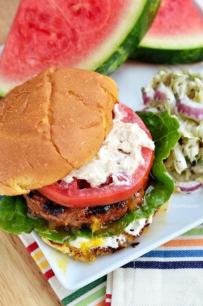 Orange and Fig Glazed Grilled Turkey Burgers with Creamed Feta recipe at TidyMom.net #Turketarian