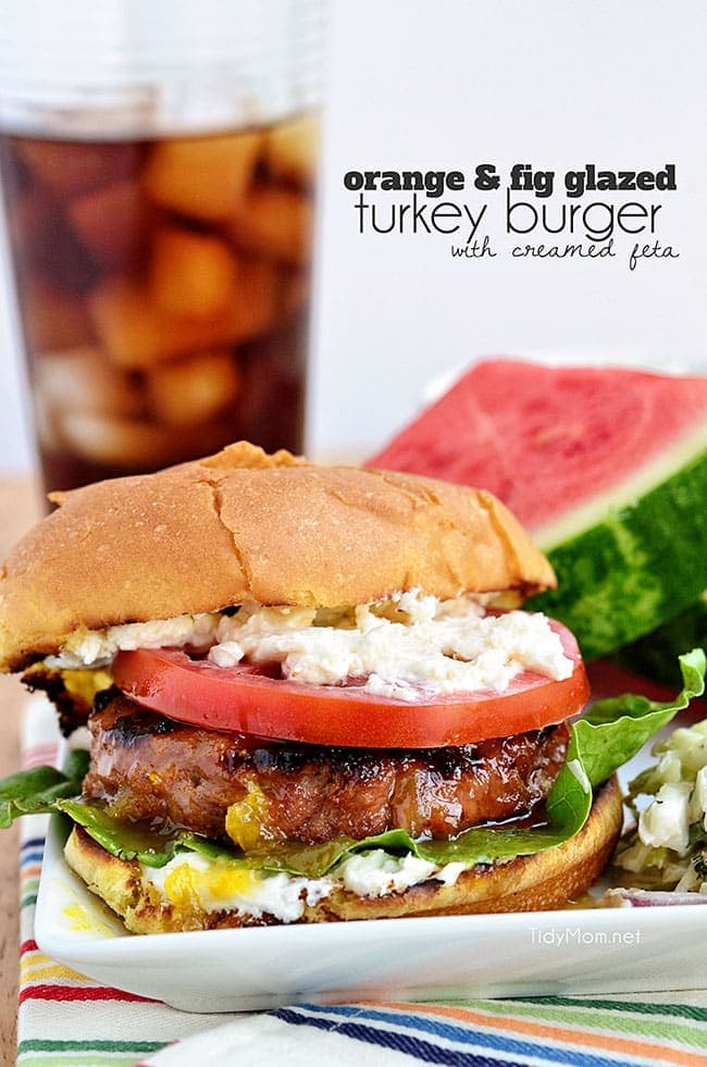 grilled orange fig glazed turkey burgers with creamed feta