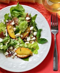 Summer on a fork! Feta, Peach & Prosciutto Salad ingredients. Recipe at TidyMom.net