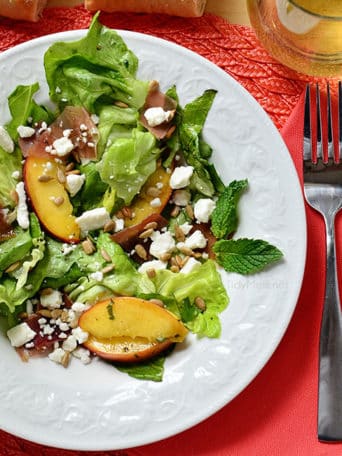 Summer on a fork! Feta, Peach & Prosciutto Salad ingredients. Recipe at TidyMom.net