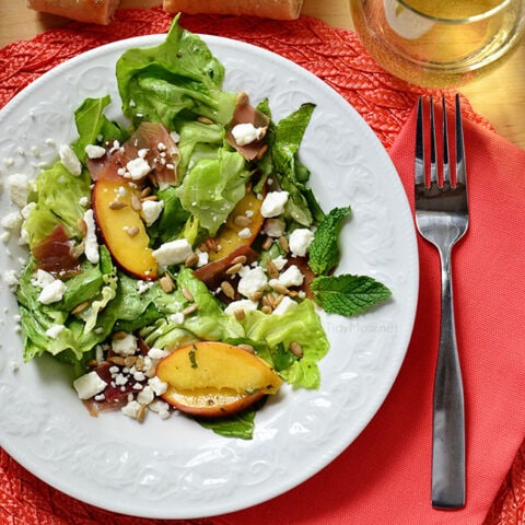 Summer on a fork! Feta, Peach & Prosciutto Salad ingredients. Recipe at TidyMom.net