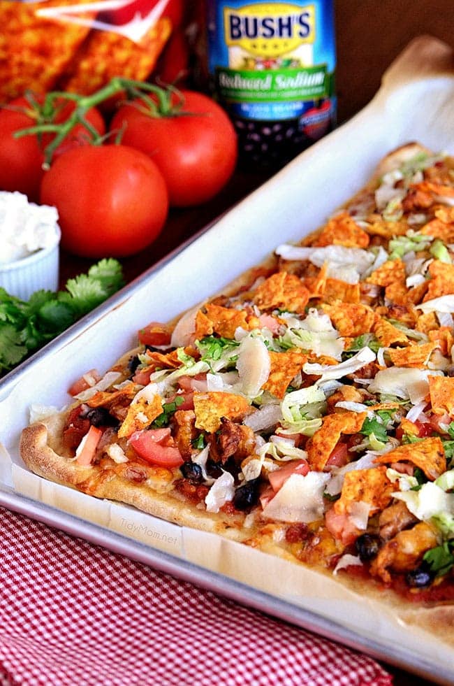 Chicken & Black Bean Taco Pizza recipe at TidyMom.net