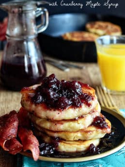 Fluffy Turkey Bacon Pancakes with Cranberry Maple Syrup recipe at TidyMom.net