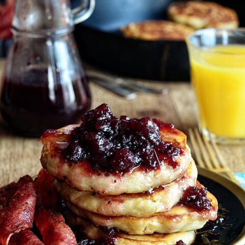 Fluffy Turkey Bacon Pancakes with Cranberry Maple Syrup recipe at TidyMom.net