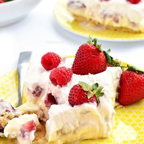 no-bake strawberry cheesecake dessert on yellow plates