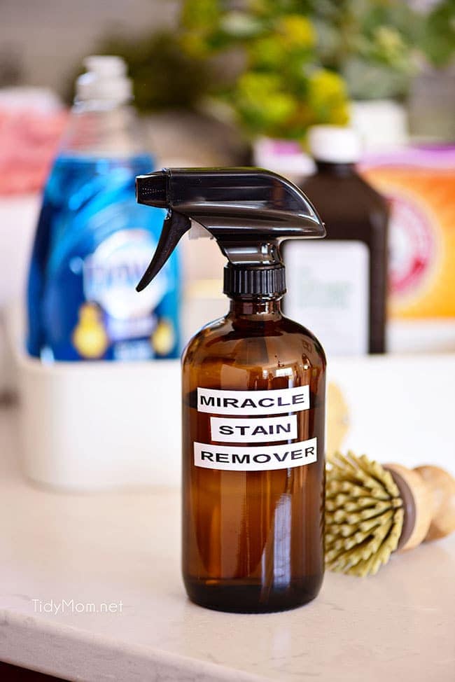 homemade stain remover in a brown glass spray bottle