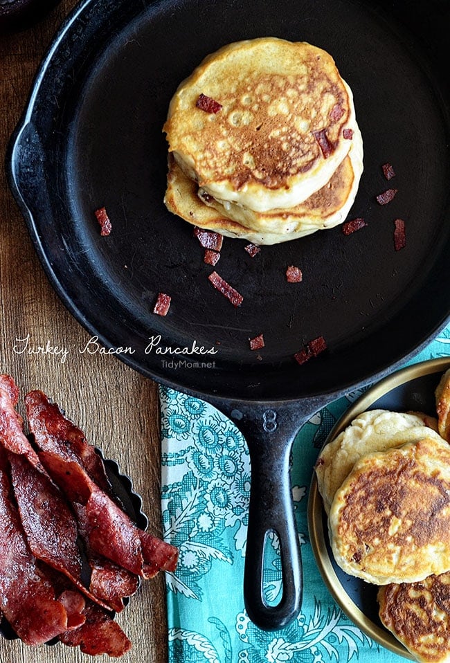 Turkey Bacon Pancakes with Cranberry Maple Syrup recipe at TidyMom.net