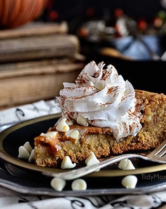 Pumpkin Cheesecake Skillet Blondie recipe at TidyMom.net
