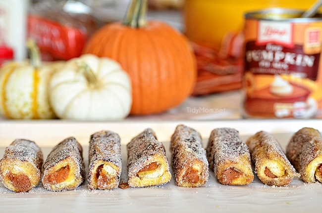 Walnut Pumpkin Pie French Toast Roll Ups. Recipe at TidyMom.net