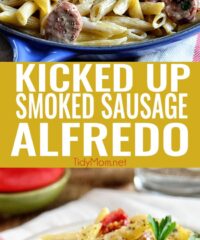 Savory smoked turkey sausage combined with sun-dried tomatoes, garlic, spinach, and Parmesan cheese make this a sensational 15-minute Smoked Sausage Alfredo recipe the whole family will love. Get the full printable recipe at TidyMom.net
