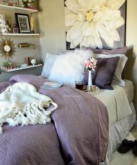 Guest Room Amethyst West Elm bedding with Ikea Ekby Shelves at TidyMom.net