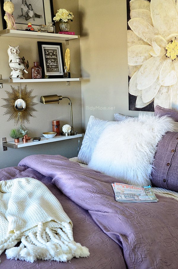 Amethyst & Grey Guest Bedroom with Ikea Ekby Shelves at TidyMom.net