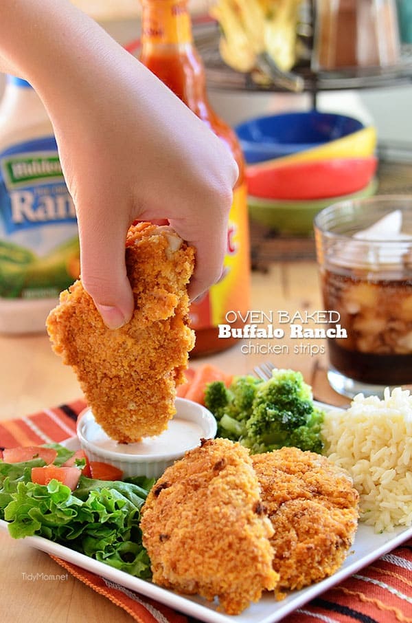 Crispy Oven Baked Buffalo Ranch Chicken Tenders recipe at TidyMom.net