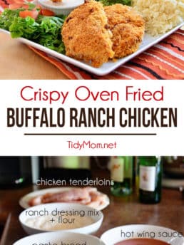 These crispy oven fried Buffalo Ranch Chicken strips are crisp-crusted moist and tender fiery buffalo sauce slathered where's the ranch dip chicken fingers. Get the recipe at TidyMom.net