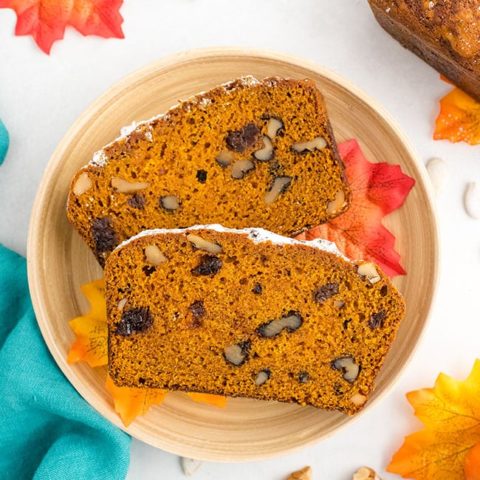 Two slices of pumpkin bread on a plate