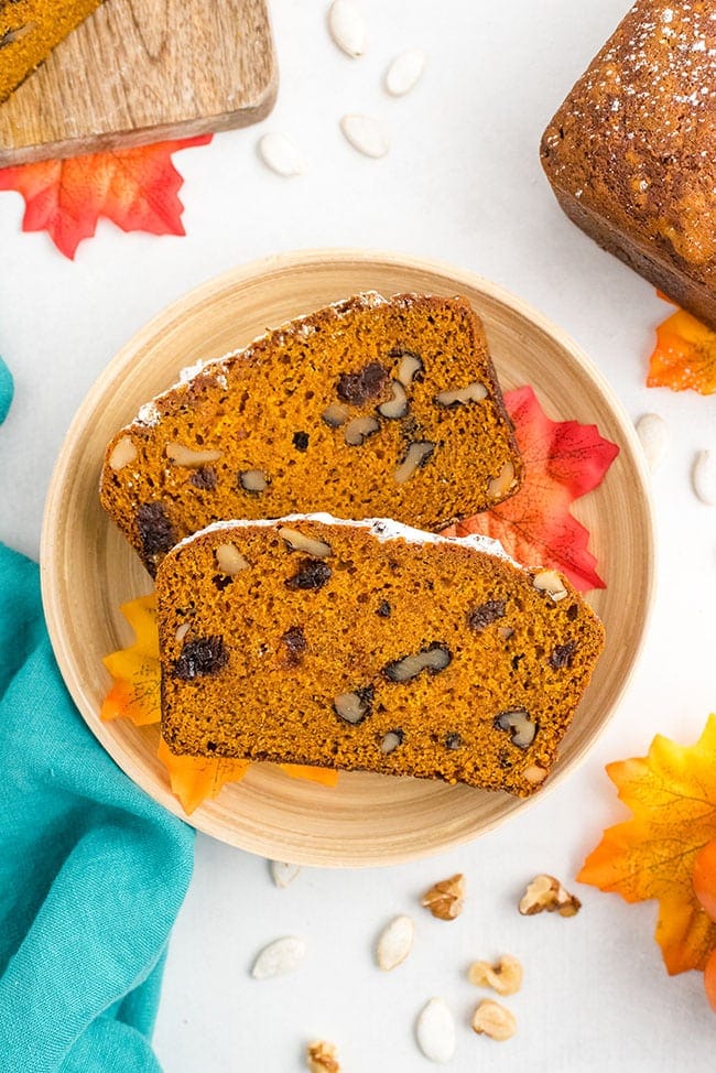 Two slices of pumpkin bread on a plate