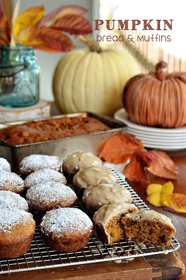 Fragrant with cinnamon, chopped nuts and raisins, this pumpkin bread recipe is a classic. Bakes up wonderfully as muffins too! get the PUMPKIN BREAD recipe at TidyMom.net