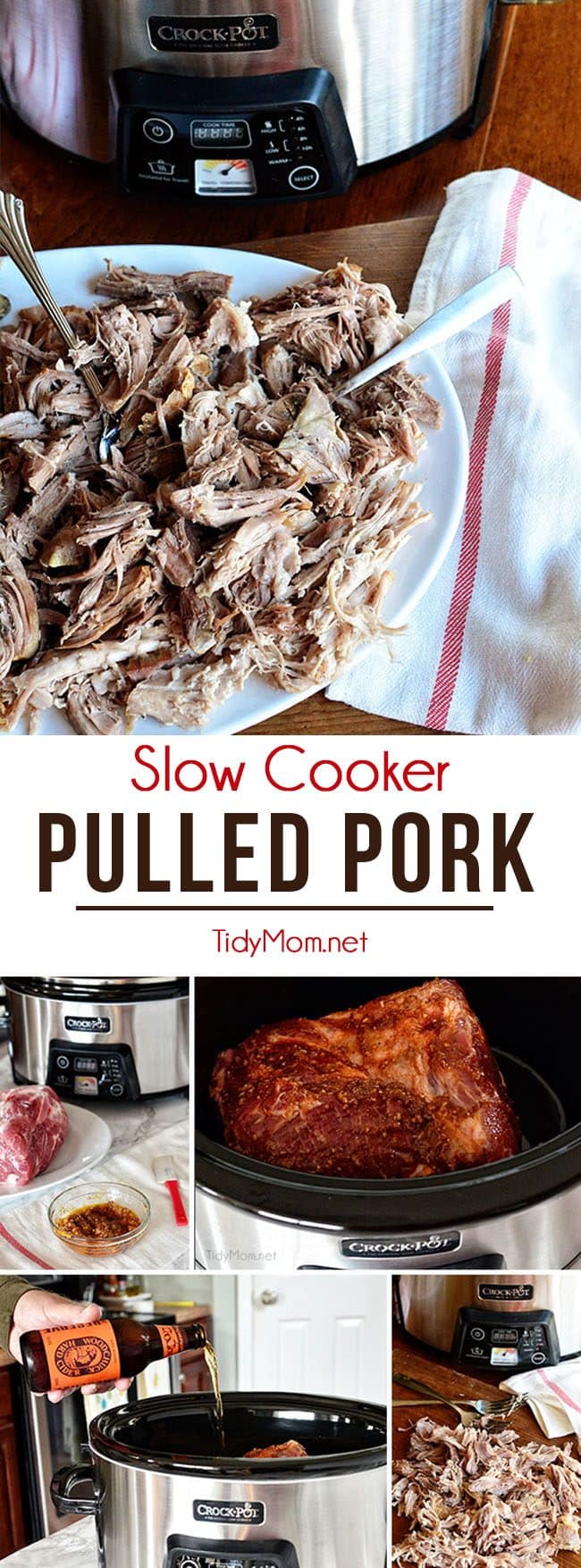 This easy recipe for slow cooker pulled pork is a crowd pleaser and great dish for cooking once, eating twice! get the recipe at Tidymom.net