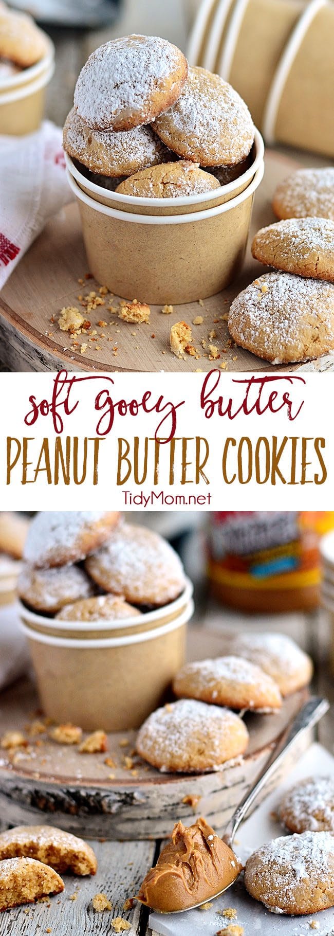 Gooey Butter Peanut Butter Cookies disappear fast! They are a peanut butter twist on the gooey butter cake made into a soft delicious peanut butter cookies. What's not to love about a cookie with butter in the name TWICE?! Print the delicious full recipe at TidyMom.net