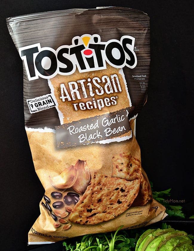 Tostitos Artisan Roasted Garlic Black Bean Tortilla chips for White Chili Bean Queso Dip recipe at Tidymom.net