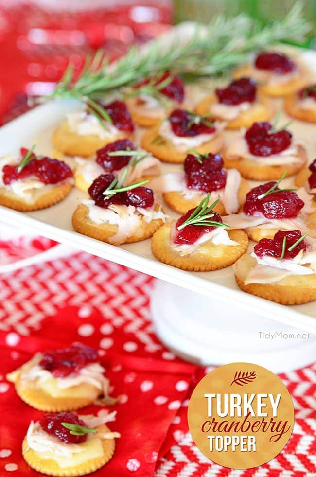 Transform holiday leftovers into a show stopping delicious appetizer. Turkey Cranberry Toppers recipe at TidyMom.net