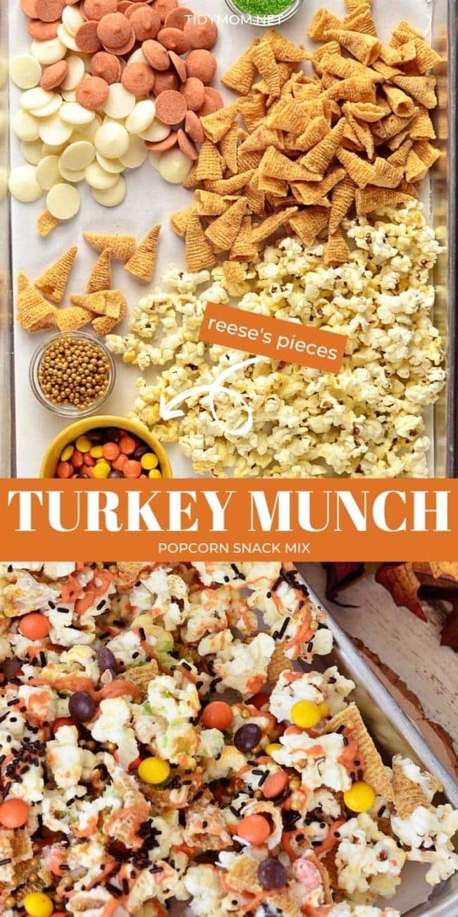 popcorn snack mix and ingredients on a pan