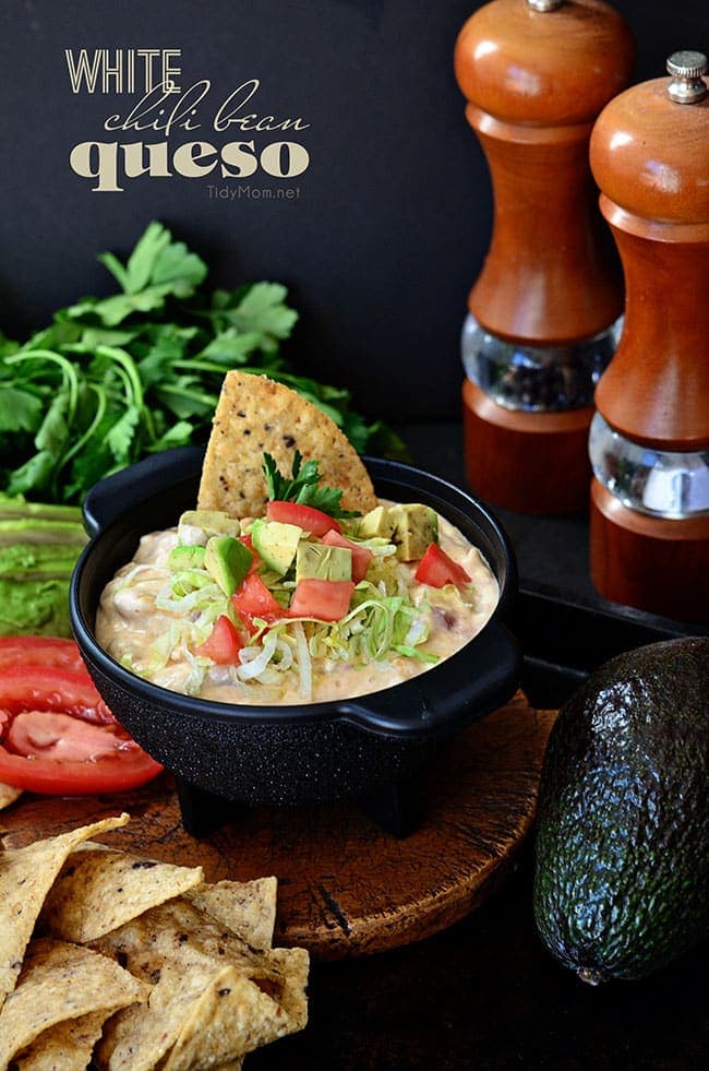 White Chili Bean Queso Dip with zesty tomatoes, cheese and Bush's white chili beans served warm with tortilla chips is sure to be a hit at any party or snack time. recipe at Tidymom.net