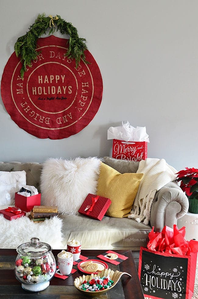 Christmas Holiday Home Tour at TidyMom.net Happy Holidays wall hanging