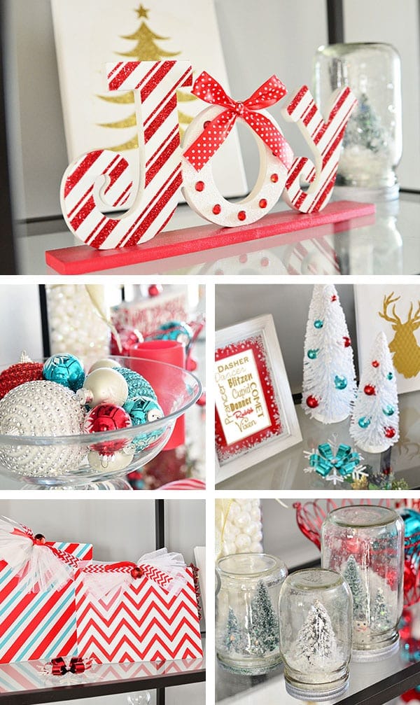 Turquoise and red Christmas decor at TidyMom.net Christmas Home Tour