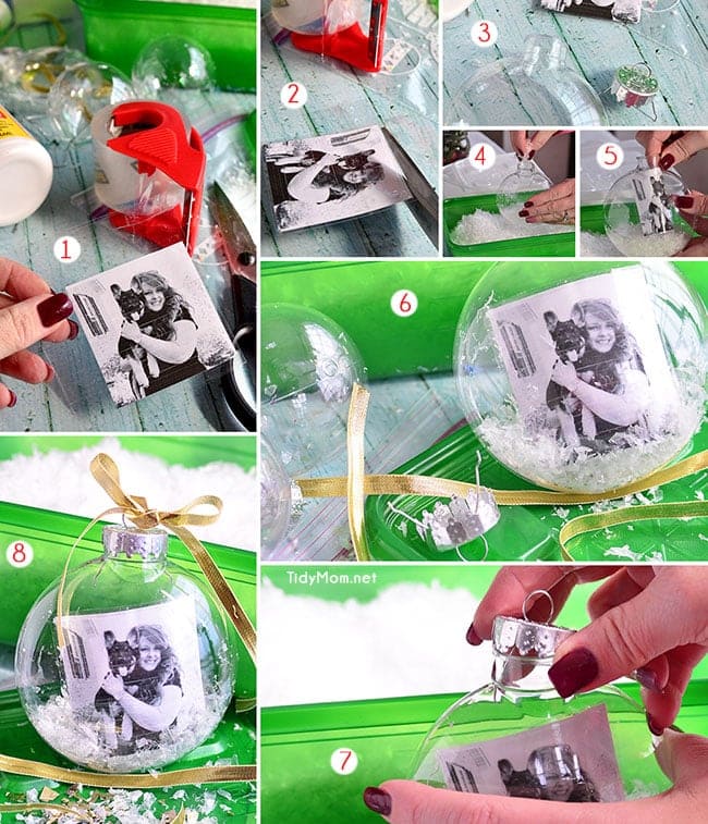 Easy DIY snowglobe photo ornament tutorial at TidyMom.net