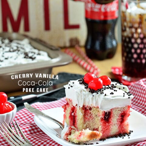 Cherry Vanilla Coca Cola Poke Cake recipe at TidyMom.net