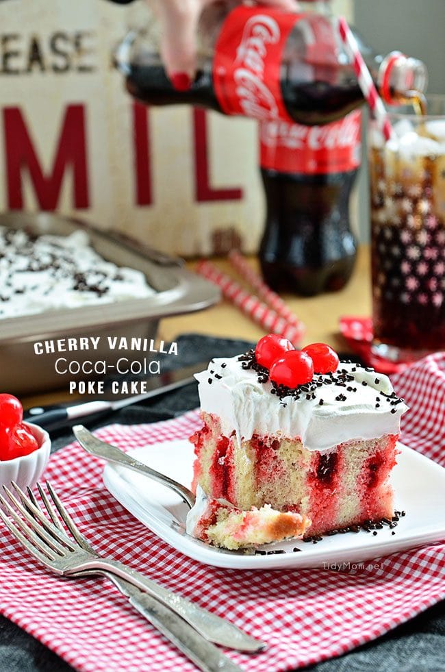 Cherry Vanilla Coca Cola Poke Cake recipe at TidyMom.net