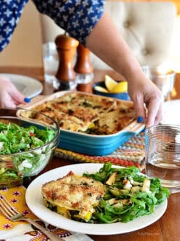 Kale & Butternut Squash Lasagna with Arugula, Pear & Hazelnut Salad and lemon dressing - Fresh ingredients delivered with recipe from Blue Apron. Details at TidyMom.net