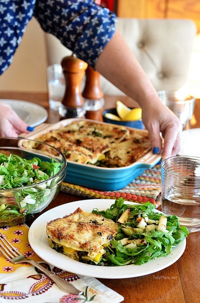 Kale & Butternut Squash Lasagna with Arugula, Pear & Hazelnut Salad and lemon dressing - Fresh ingredients delivered with recipe from Blue Apron. White Vegetable Lasagna recipe at TidyMom.net