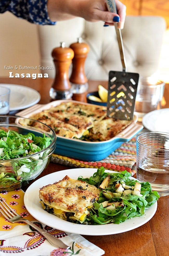 Kale & Butternut Squash Lasagna with Arugula, Pear & Hazelnut Salad and lemon dressing - Fresh ingredients delivered with recipe from Blue Apron. Details at TidyMom.net