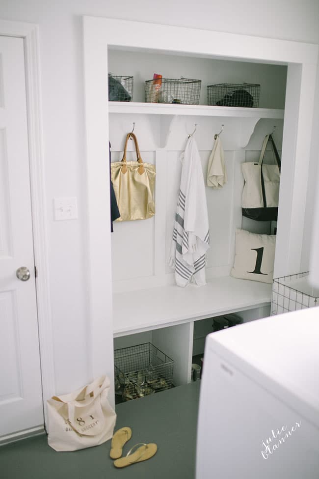 Simple storage solutions for keeping a HOME with ALL WHITE INTERIOR DESIGN from Julie of Coordinately Yours at TidyMom.net