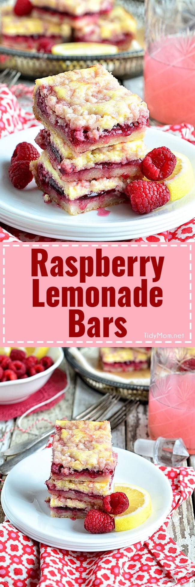 Raspberry Lemonade Bars are bright, cheery, packed with raspberries and tangy lemonade to help beat the winter blues, and the best part? There’s a little cheesecake tucked in too. Raspberry Lemonade Bars with streusel topping recipe at TidyMom.net