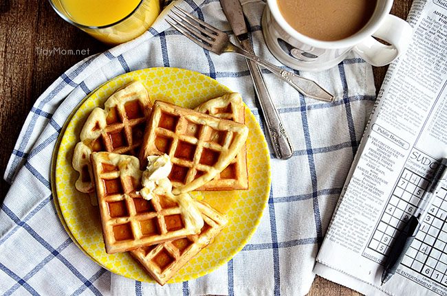 Buttermilk Waffles with coffee and newspaper