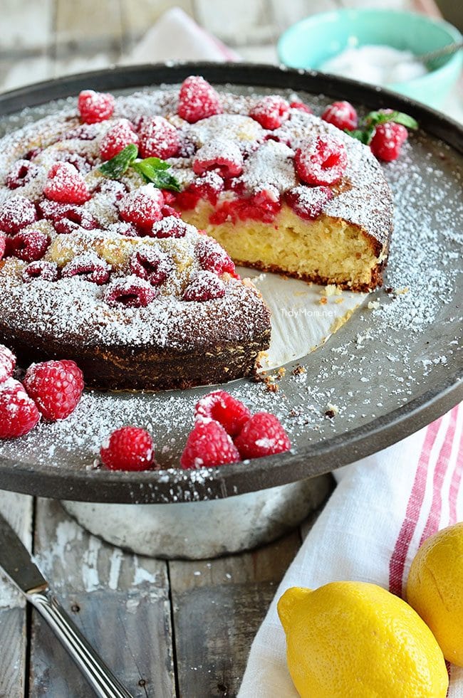 Lemon Raspberry Coffee Cake on metal cake stand