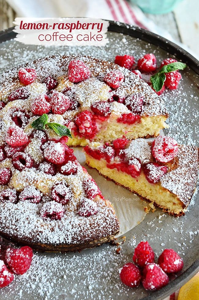 Brighten your morning with this tart coffee cake bursting with sweet raspberries. Lemon Raspberry Coffee Cake recipe at TidyMom.net