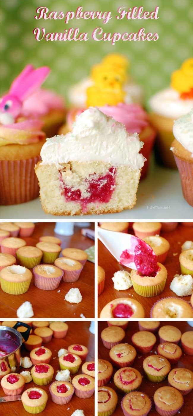Raspberry Filled Vanilla Cupcakes recipe at TidyMom.net