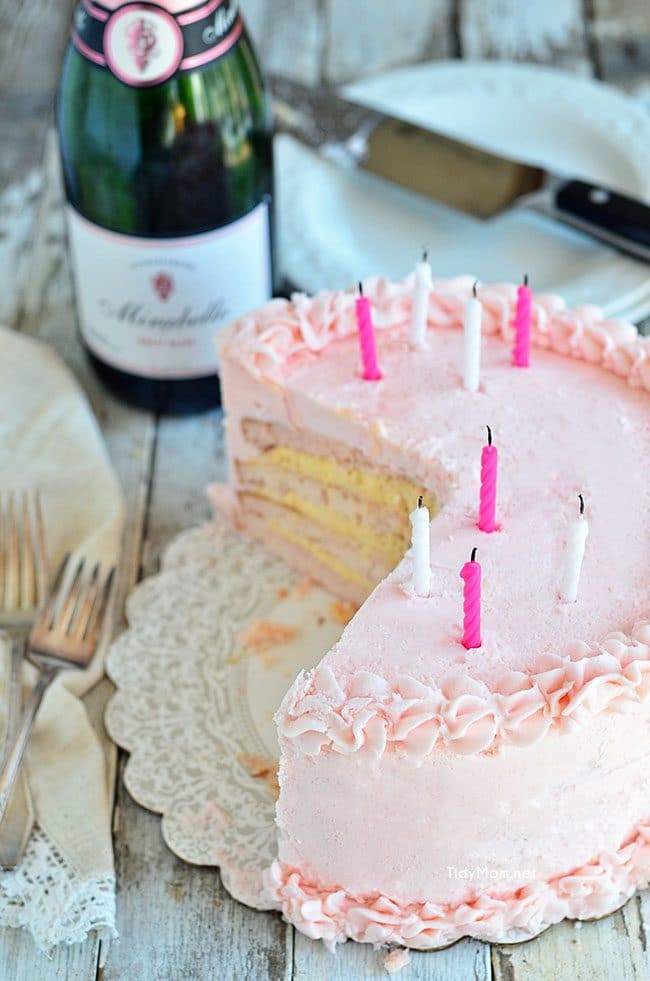 Birthday Cake with Pink Champagne Buttercream recipe at TidyMom.net